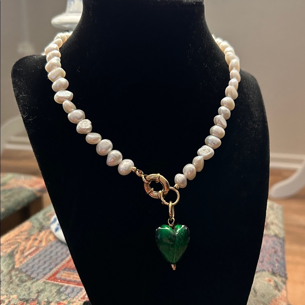 Amazon White Pearl Necklace with Green Heart Pendant